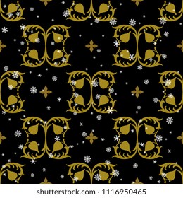 Seamless geometrical monochrome pattern with silhouetted vintage floral motifs and snowflakes.