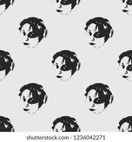 Seamless geometrical monochrome pattern with silhouetted female faces.