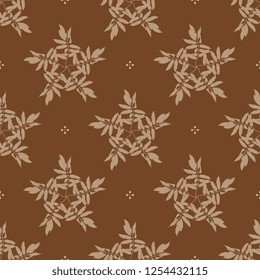 Seamless geometrical monochrome pattern with silhouetted floral mandalas made of rowan or ash tree leaves.