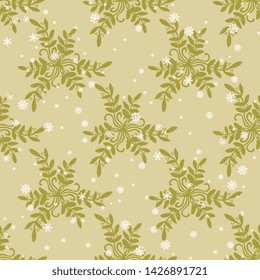 Seamless geometrical monochrome pattern with silhouetted floral motifs and snowflakes.