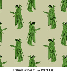 Seamless geometrical monochrome pattern with silhouettes of ancient Greek goddess Artemis holding a bowl.