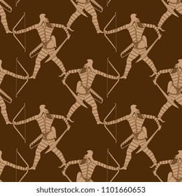 Seamless geometrical monochrome pattern with silhouettes of Scythian warriors. Ethnic style. Based on ancient Greek motif.