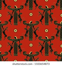 Seamless geometrical monochrome pattern with silhouettes of ancient Greek goddess Artemis Potnia Theron holding two animals. Ethnic style. Based on antique vase painting image.