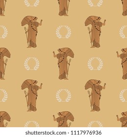 Seamless geometrical monochrome pattern with silhouettes of ancient Greek winged goddess of victory Nike and laurel wreaths.
