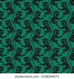 Seamless geometrical monochrome pattern with silhouettes of fantastic feline creatures. Based on ancient Peruvian tribal motif of Mochica or Moche Indians.