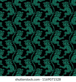 Seamless geometrical monochrome pattern with silhouettes of fantastic feline creatures. Based on ancient Peruvian tribal motif of Mochica or Moche Indians.