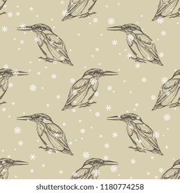 Seamless geometrical monochrome pattern with silhouettes of kingfisher bird and snowflakes. Hand drawn vintage style sketch.