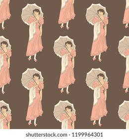 Seamless geometrical monochrome pattern with silhouettes of vintage ladies holding umbrellas.