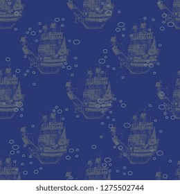 Seamless geometrical monochrome pattern with silhouettes of drowned vintage sailboats.