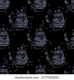 Seamless geometrical monochrome pattern with silhouettes of drowned medieval caravels.