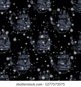 Seamless geometrical monochrome pattern with silhouettes of drowned medieval caravels and snowflakes.