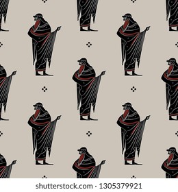 Seamless geometrical monochrome pattern with silhouettes of ancient Greek man. Vase painting motif.