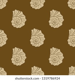 Seamless geometrical monochrome pattern with silhouettes of spiral sea shells. Hand drawn polka dot.