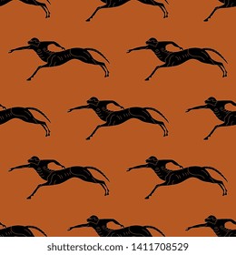 Seamless geometrical monochrome pattern with silhouettes of running ancient Greek centaurs. Vase painting style.