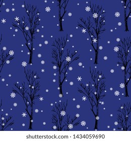 Seamless geometrical monochrome pattern with silhouettes of bare trees and snowflakes. Hand drawn sketch.