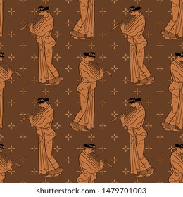 Seamless geometrical monochrome pattern with silhouettes of an ancient Greek woman playing the flute. Vase painting style.