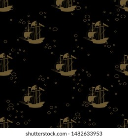 Seamless geometrical monochrome pattern with silhouettes of vintage sailing ships. Gold silhouettes on black background.