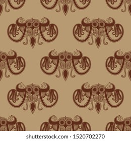 Seamless geometrical monochrome pattern with silhouettes of stylized octopuses. Fantastic sea monster. Symmetrical animal decor. Ancient Greek Minoan pottery motif.
