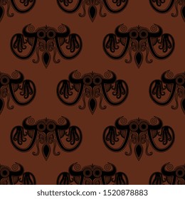 Seamless geometrical monochrome pattern with silhouettes of stylized octopuses. Fantastic sea monster. Ancient Greek Minoan pottery motif.