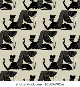 Seamless geometrical monochrome pattern with silhouettes of ancient Egyptian winged sphinxes.