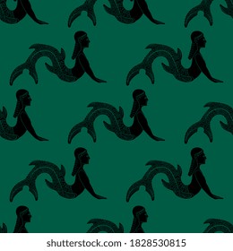 Seamless geometrical monochrome pattern with silhouettes of ancient mermaids or sirens.