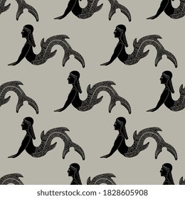 Seamless geometrical monochrome pattern with silhouettes of ancient mermaids or sirens.
