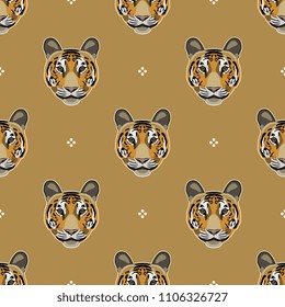 Seamless geometrical monochrome pattern with stylized tiger faces and polka dots. Cartoon style.