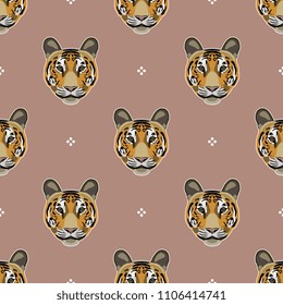 Seamless geometrical monochrome pattern with stylized tiger faces and polka dots. Cartoon style.