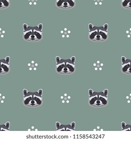 Seamless geometrical monochrome pattern with stylized raccoon faces and floral daisy polka dots. Childish cartoon style.