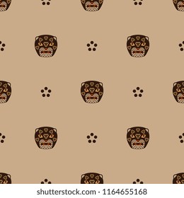 Seamless geometrical monochrome pattern with stylized round heads of jaguars and polka dots. Based on ancient Peruvian tribal motif of Paracas culture. 