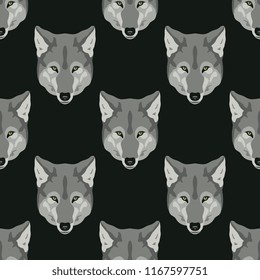 Seamless geometrical monochrome pattern with stylized heads of wolf. Flat cartoon style.