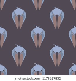 Seamless geometrical monochrome pattern with stylized heads of African bird Shoebill or Whalehead. (Balaeniceps rex). Flat cartoon style.