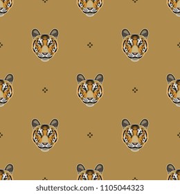 
Seamless geometrical monochrome pattern with tiger faces and abstract polka dots. Cartoon style.