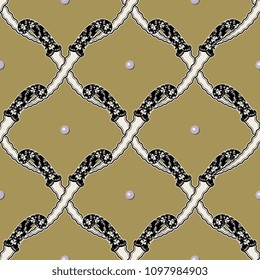 Seamless geometrical ornate pattern with crossed medieval oriental daggers and pearl beads. Diagonal grid.