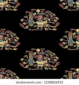 Seamless geometrical ornate pattern with silhouettes of fantastic monsters. Snake man. Ancient Peruvian tribal motif. Wari or Huari culture. 