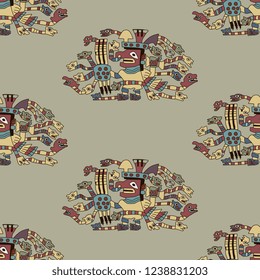 Seamless geometrical ornate pattern with silhouettes of fantastic monsters. Snake man. Ancient Peruvian tribal motif. Wari or Huari culture. 