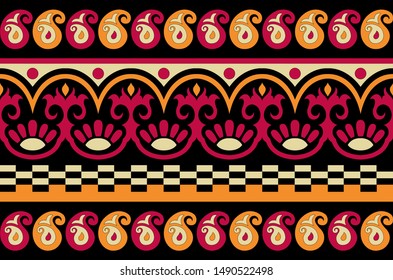 Seamless geometrical paisley border pattern with black background