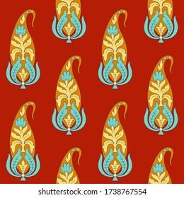 Patrón de damasco paisley geométrico sin soldadura con fondo rojo