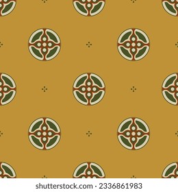 Seamless geometrical patter with round ethnic ancient Chinese motifs from Tang dynasty. On yellow background.