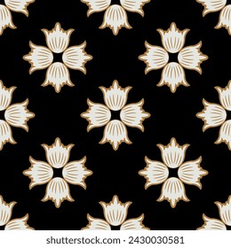 Patrón geométrico sin fisuras con formas cruzadas abstractas. Estilo popular. Elementos florales blancos y dorados sobre fondo negro