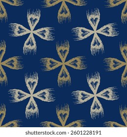 Seamless geometrical pattern with abstract crosses and heart symbols. Hand drawn rough sketches. On blue background.
