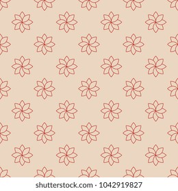Seamless geometrical pattern with abstract floral mandalas. Red linear silhouettes on pale pink background.