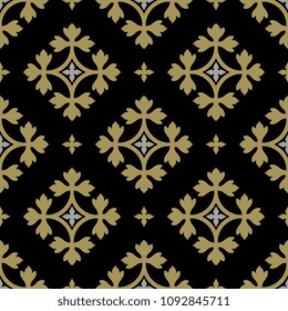 Seamless geometrical pattern with abstract floral rhombuses. Based on traditional European heraldic motif. Gold and silver silhouettes on black background.
