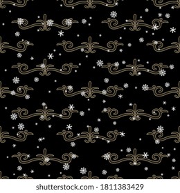 Seamless geometrical pattern with abstract floral vignettes and snowflakes. Abstract Christmas motif.