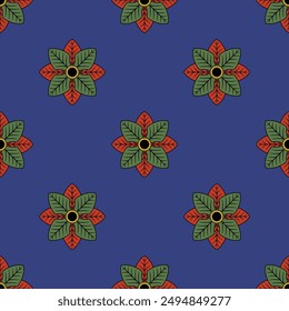 Patrón geométrico sin costuras con forma floral abstracta. Navidades de decoración. Estrellas rojas y verdes sobre fondo azul.