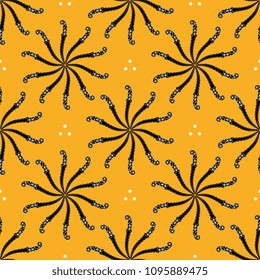 Seamless geometrical pattern with abstract mandalas made of ancient Indian daggers and abstract dots.