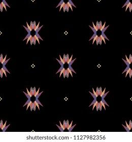 Seamless geometrical pattern with abstract mandalas made of stylized angel's wings and polka dots. Based on medieval motif.