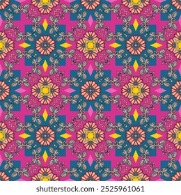 Seamless geometrical pattern with abstract ornament and little rhombuses. The images are created without the use of any artificial intelligence software at any stage.