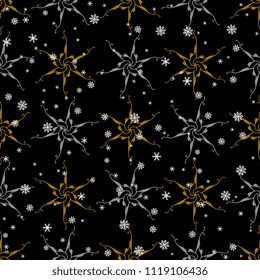 Seamless geometrical pattern with abstract ornate stars and snowflakes.