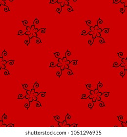 Seamless geometrical pattern with abstract round floral motifs. Black silhouettes on red background.